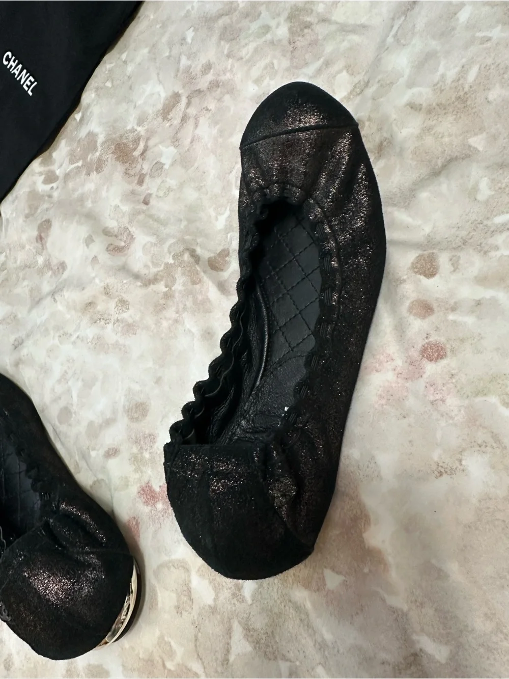 CHANEL Black Quilted Leather Slip-On Ballet Flats with Branded Dust Bag